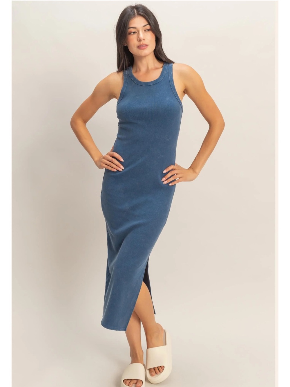 NEW Double Zero Navy Blue Ribbed Slit Midi Tank Dress Acid Wash Small - Picture 3 of 6